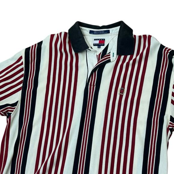 Vintage 1990s Tommy Hilfiger Red Striped Polo Shirt Preppy Style / Mens XL - - Picture 2 of 4